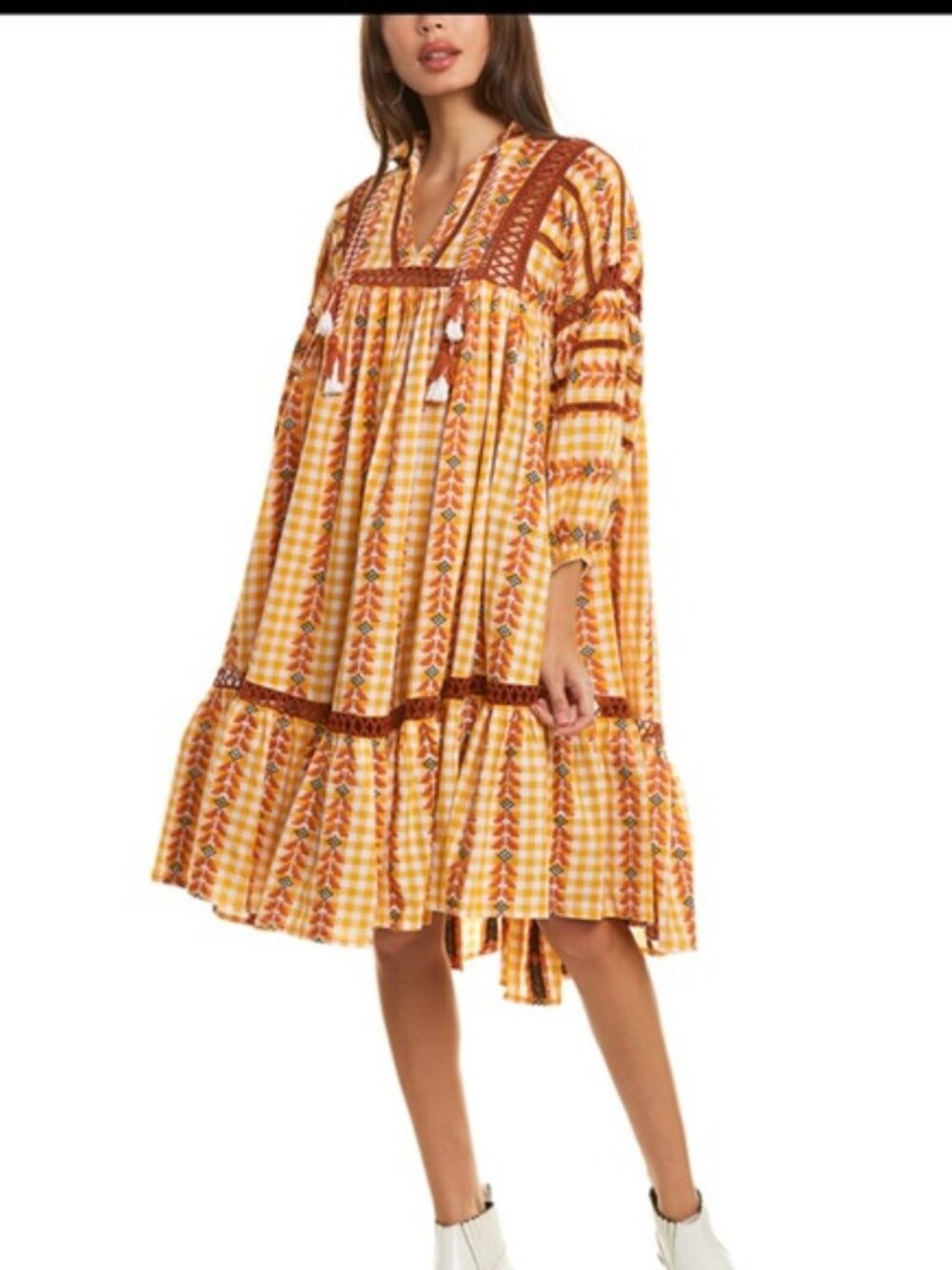 DODO BAR OR Elena Dress Gingham Yellow Orange Tassel embroidered trim Midi Sun S